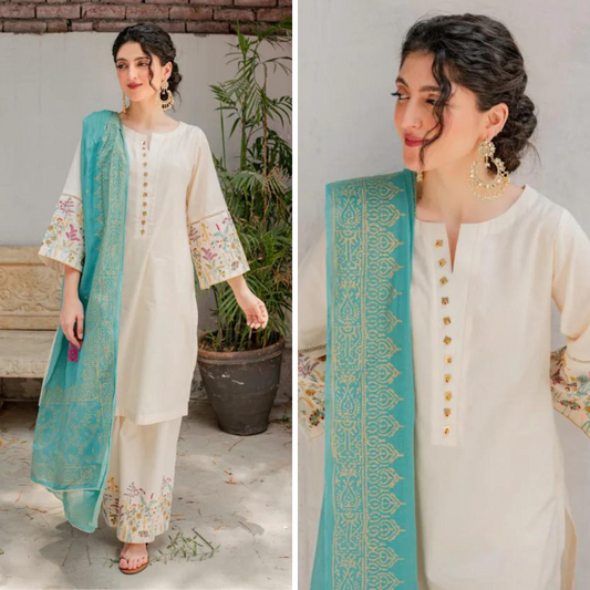 ZN908-WINTER 3PC Unstitched Dhannak Embroidered suit with Printed Shawll