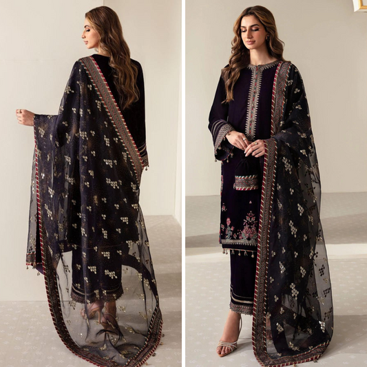 ZN910-Winter Unstitched 3PCs Velvet Dress With Embroidered Organza Dupatta