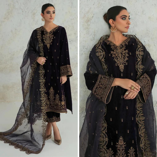 ZN911-Winter Unstitched 3PCs Velvet Dress With Embroidered Organza Dupatta