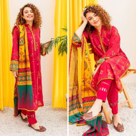 ZN912-WINTER 3PC Dhannak Embroidered suit with Printed Shawll