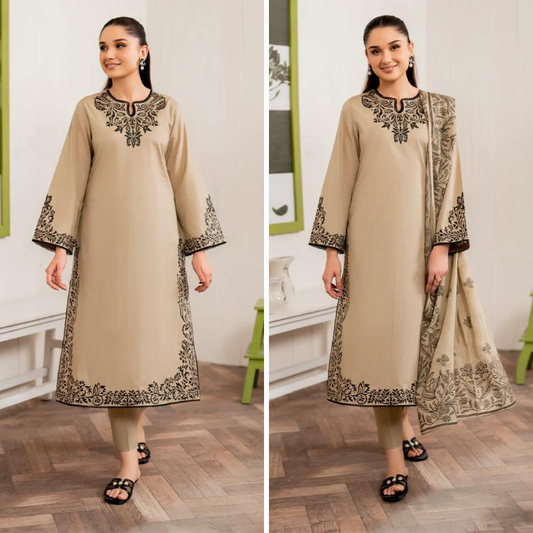 ZN913-WINTER 3PC Dhannak Embroidered suit with Printed Shawll