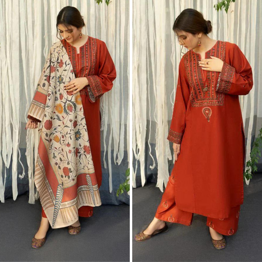 ZN914-WINTER 3PC Dhannak Embroidered suit with Printed Shawll