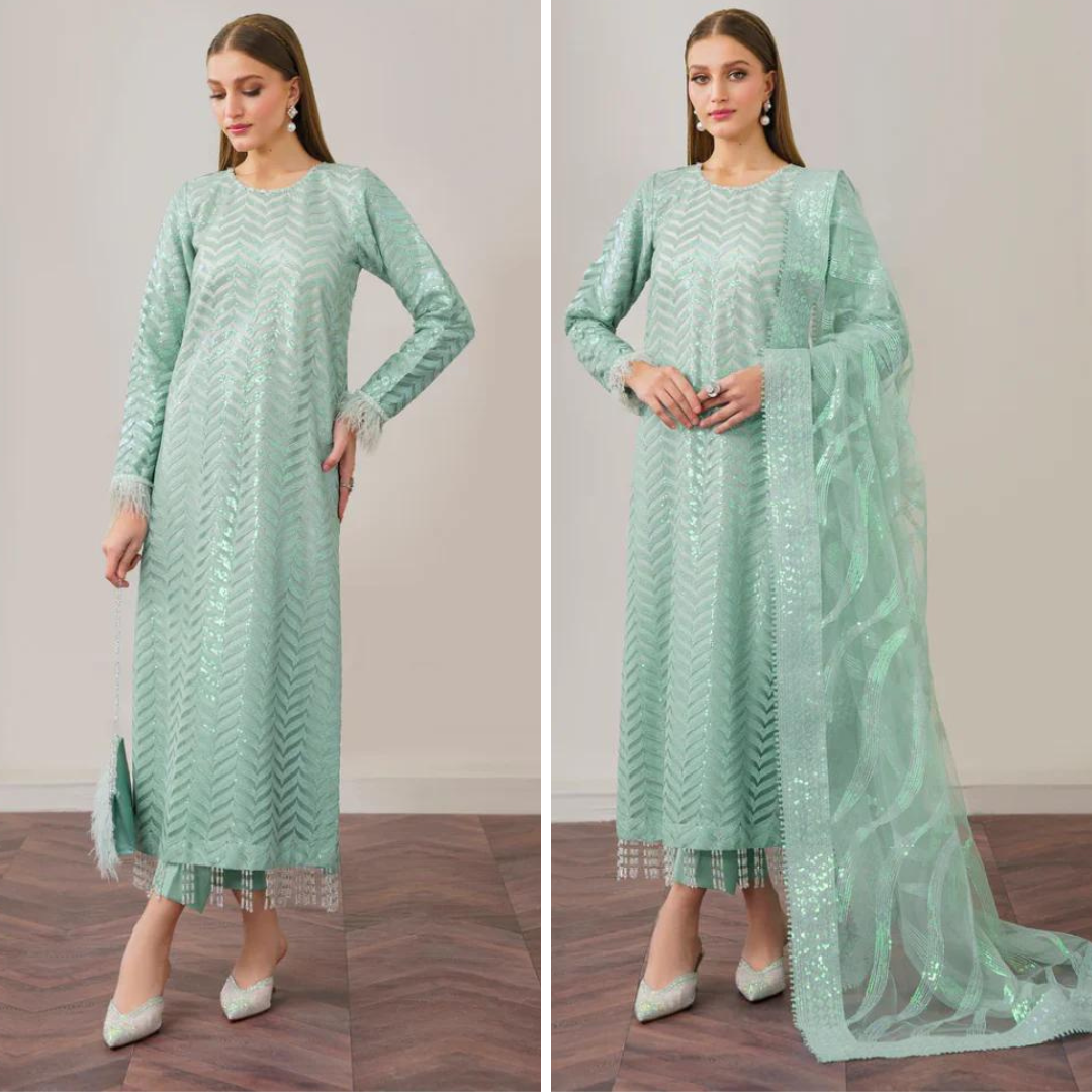 ZN915- Winter 3 Piece - Organza Embroidered Suit