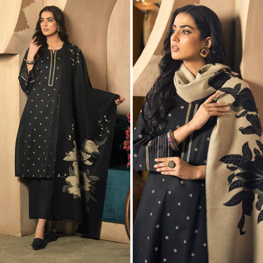 ZN916-3PC Winter Dhannak Embroidered suit with Printed Shawll