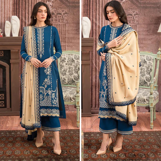 ZN917-WINTER 3-Pc Embroidered Dhanak Suit with Heavy Embroidered Dhanak Shawll