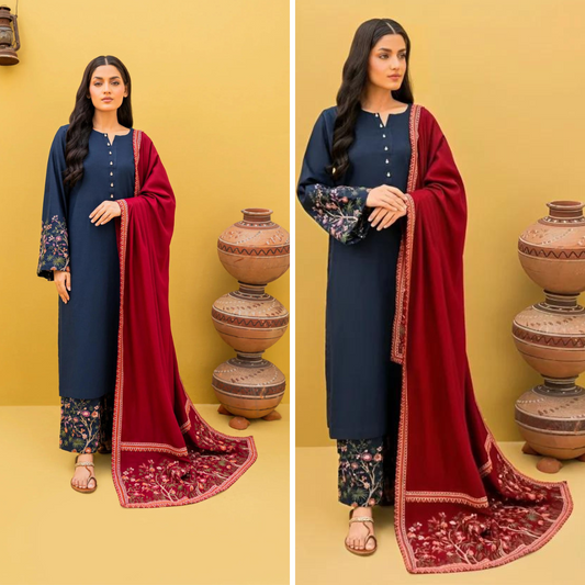 ZN918-WINTER 3-Pc Embroidered Dhanak Suit with Heavy Embroidered Dhanak Shawll