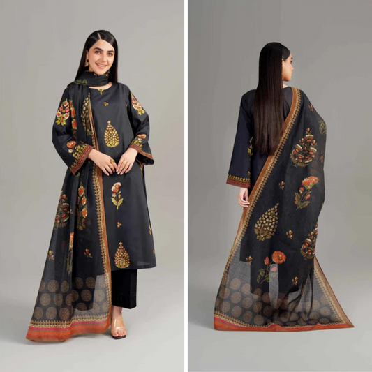 ZN925-WINTER 3PC Dhannak Embroidered suit with Printed Shawll