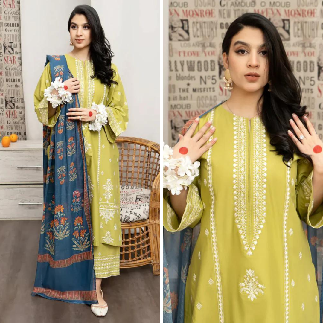 ZN933-WINTER 3PC Dhannak Embroidered suit with Printed Shawll