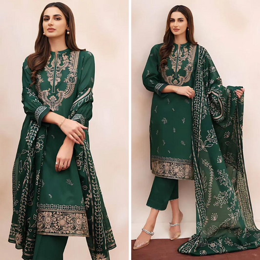 ZN938-WINTER 3PC Dhannak Embroidered suit with Printed Shawll