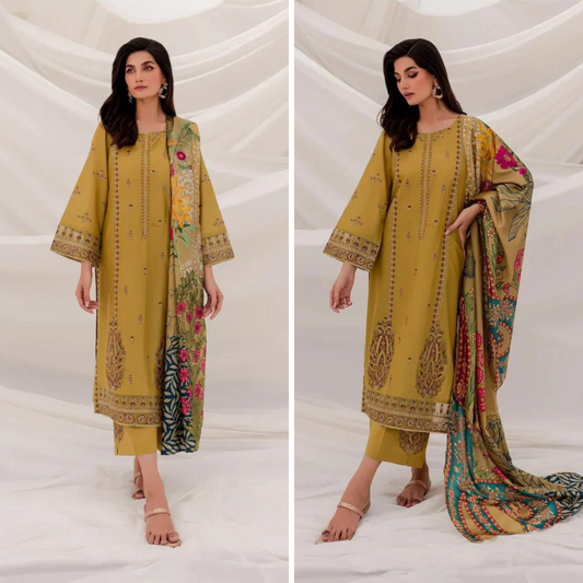 ZN940-WINTER 3PC Dhannak Embroidered suit with Printed Shawll