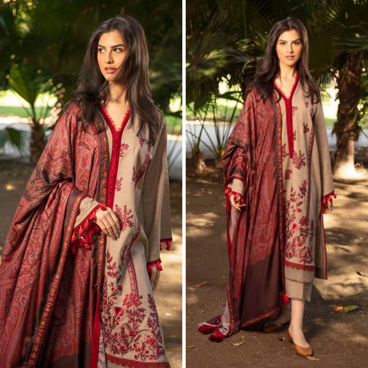 ZN948-WINTER 3PC Dhannak Embroidered suit with Printed Shawll