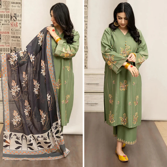 ZN946-WINTER 3PC Dhannak Embroidered suit with Printed Shawll