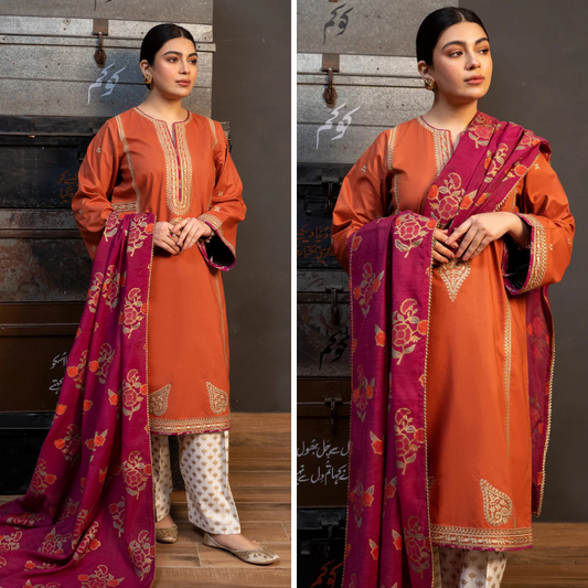 ZN959-WINTER 3PC Dhannak Embroidered suit with Printed Shawll