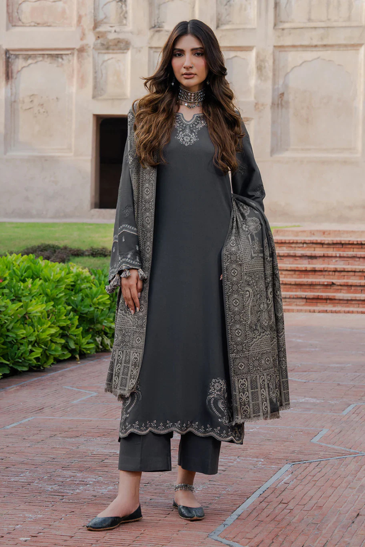 ZN1245   IZEL-3PC DHANAK EMBROIDERED SHIRT WITH COURTRAI PRINTED SHAWL & TROUSER-BIC