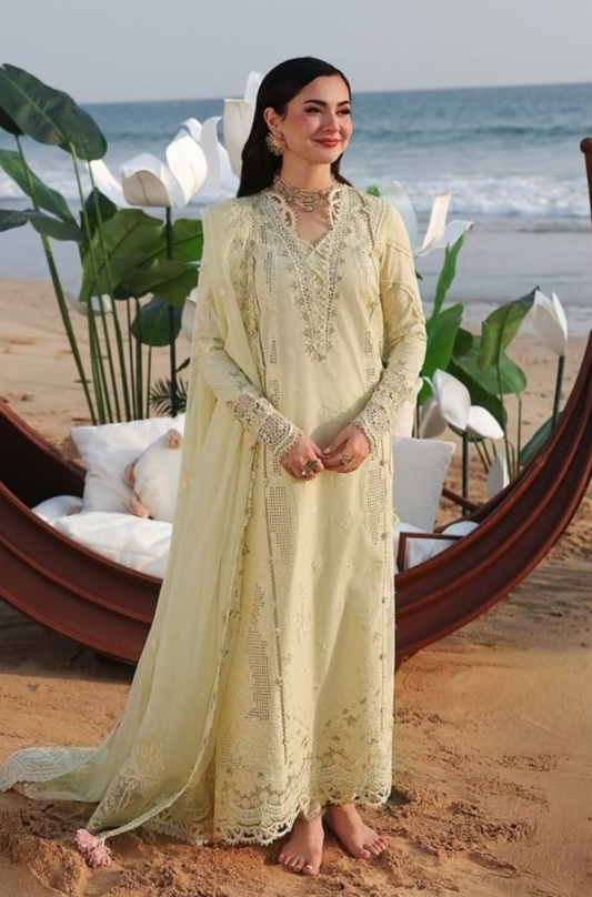 ZN1313 QALAMQAR-3PC LAWN CHIKANKARI EMB SHIRT WITH CHIFFON EMB DUPATTA