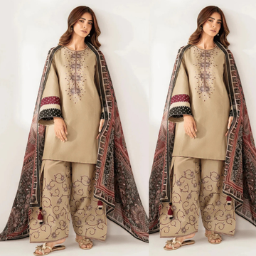 3PC EMBROIDERED DHANAK SUIT - ZN-1425