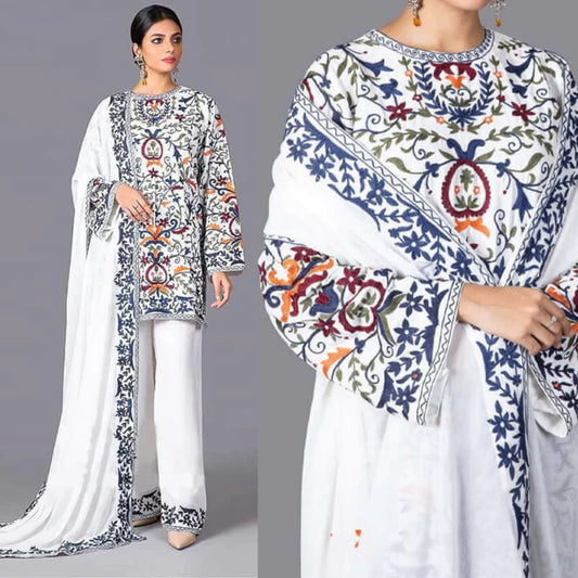 ZN536-WINTER Embroidered 3pc Linen dress with embroidered Chifoon Dupatta