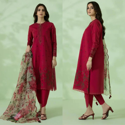 ZN350-Sapphire - 3PC Lawn Heavy Embroidered Shirt With Paper Cotton Printed Dupatta