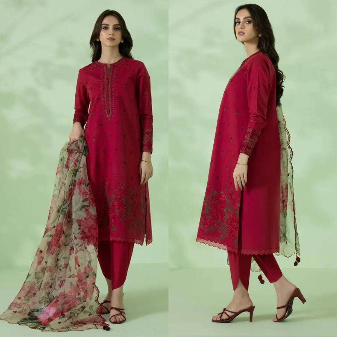 3PC EMBROIDERED DHANAK SUIT - ZN-1433