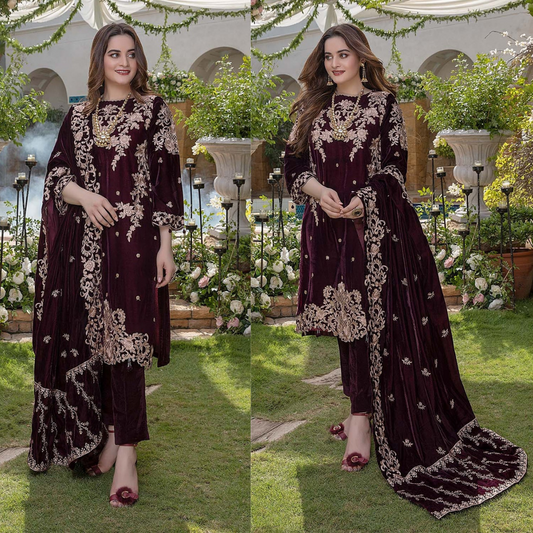 ZN401-WINTER Embroidered Velvet Three piece With Velvet Shawl Winter Collection