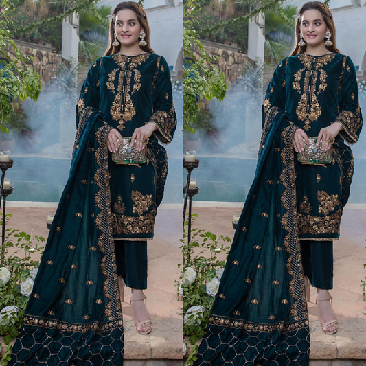 ZN402-WINTER Embroidered Velvet Three piece With Velvet Shawl Winter Collection