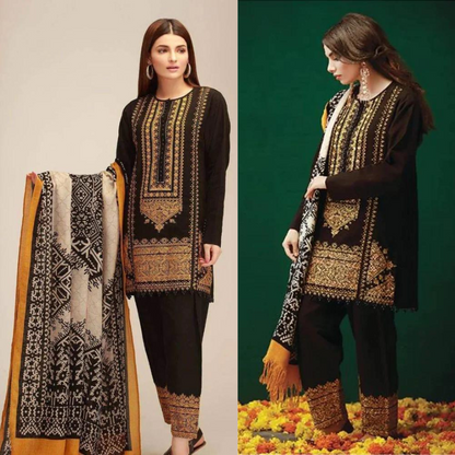 ZN424-WINTER UNSTITCHED 3PC Khaddar Embroidered Suit with Printed Wool Shawll