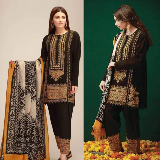 ZN424-WINTER 3PC Khaddar Embroidered Suit with Printed Wool Shawll