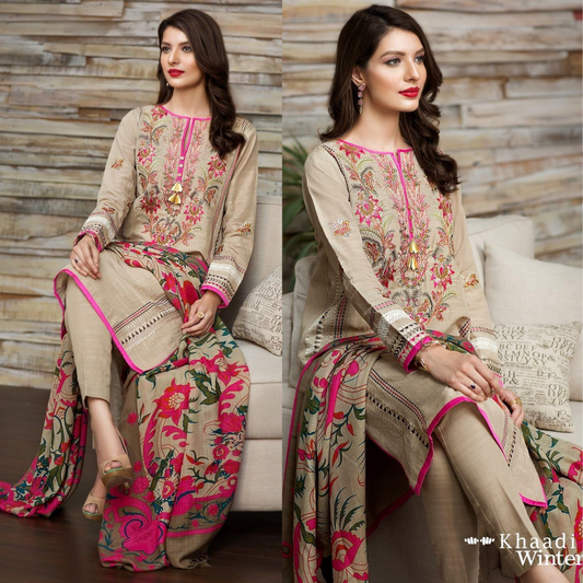 ZN525-WINTER Embroidered khaddar 3pc With Wool Shaw