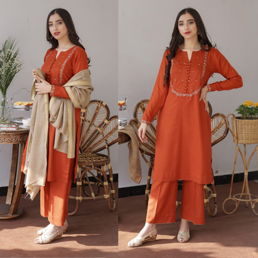 ZN542-WINTER 3PC Dhannak Embroidered Suit with Arcylic Wool Shawll