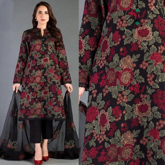 ZN517-WINTER 3 Piece Unstitched Heavy Embroidered Linen Suit With Heavy Embroidered Bamber Chiffon Dupatta