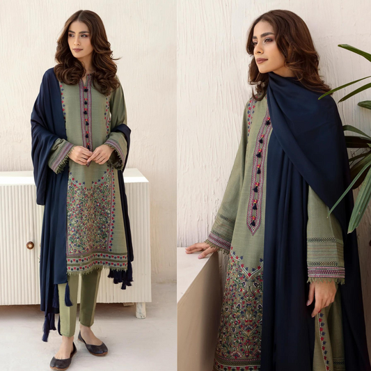 ZN550-3pc Winter Embroidered khaddar Shirt With Bumble Wool Shawll