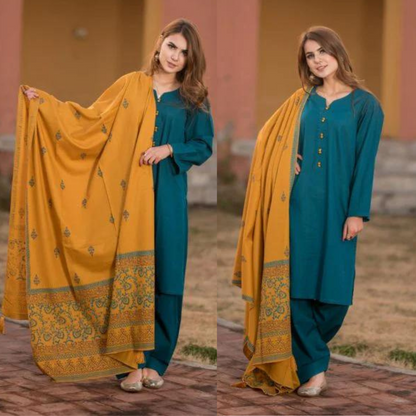 ZN554-3 Piece Dhanak Suit with digital printed wool shawll