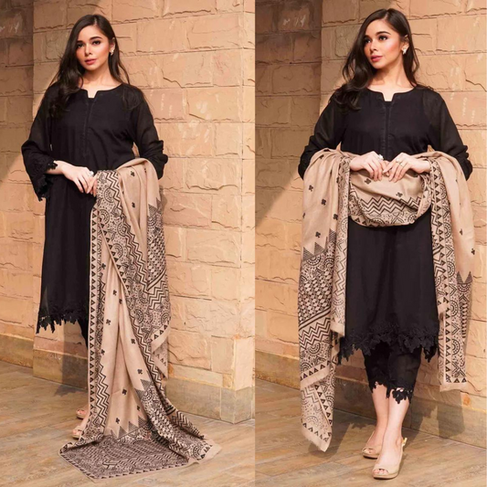 ZN557-3PC Dhannak Winter Embroidered suit with Printed Shawll