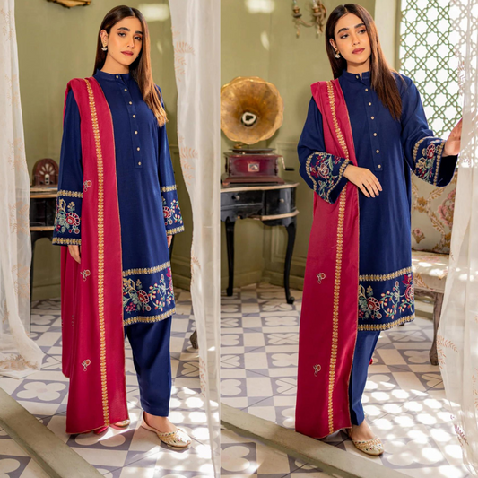 ZN573-WINTER 3PC Dhanak suit with Embroidered Shawll