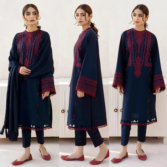 ZN576-WINTER 3pc Winter Embroidered Dhanak Shirt With Bumble Wool Shawll