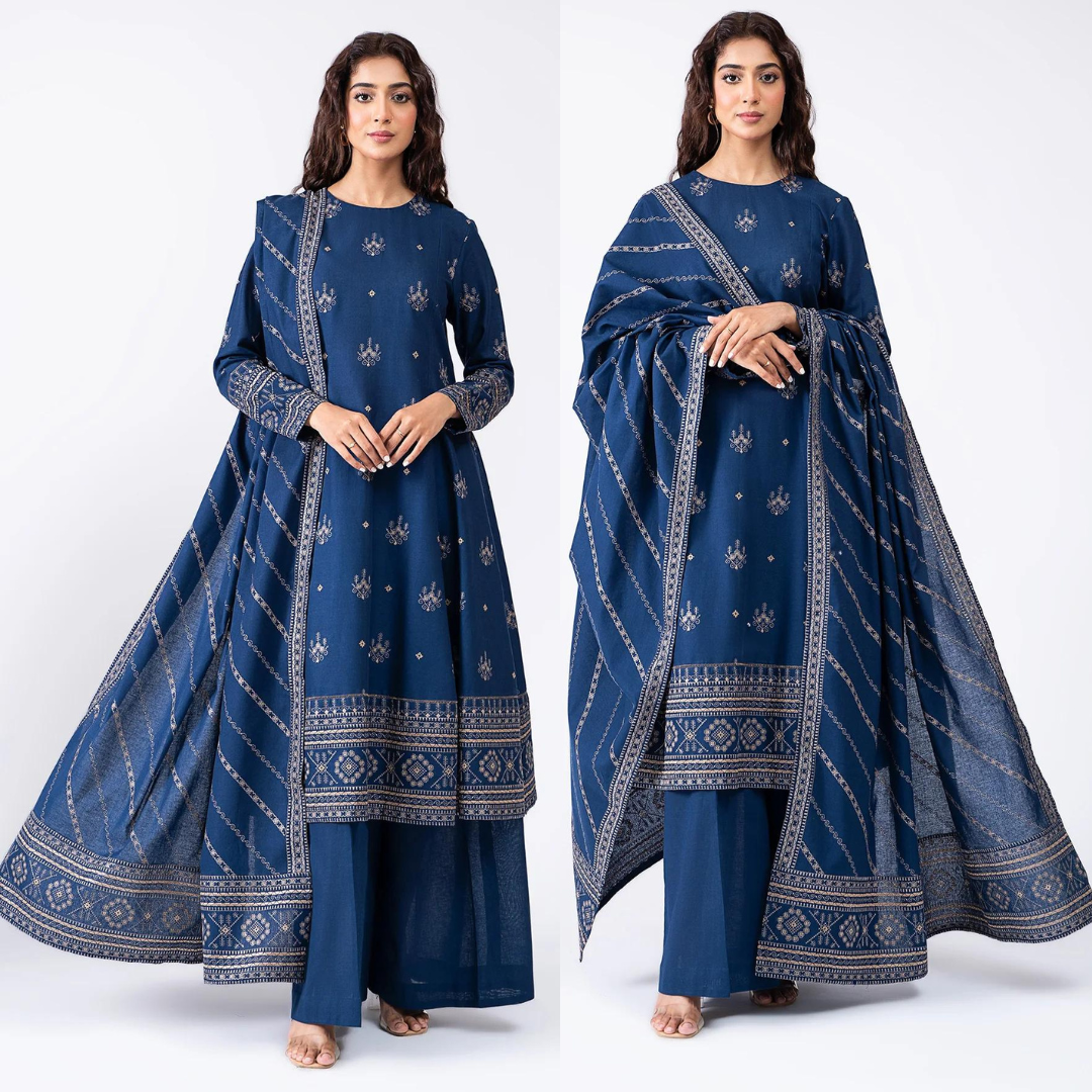 ZN578-WINTER 3-Pc Embroidered Dhanak Suit with Heavy Embroidered Dhanak Shawll
