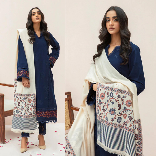 ZN600-WINTER 3PC Dhannak Embroidered suit with Printed Shawll