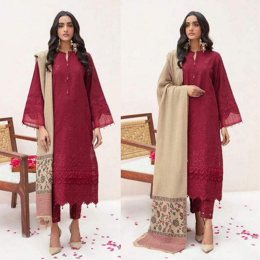 ZN583-WINTER 3PC Dhannak Embroidered suit with Printed Shawll