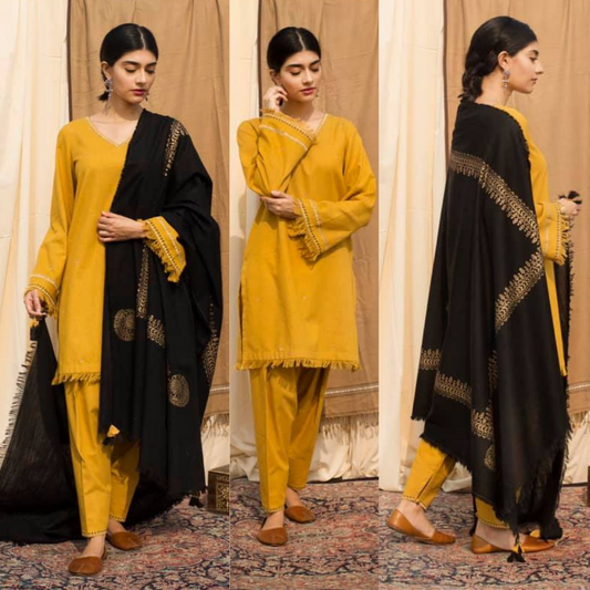 ZN587-WINTER 3PC Dhanak suit with Embroidered Shawll