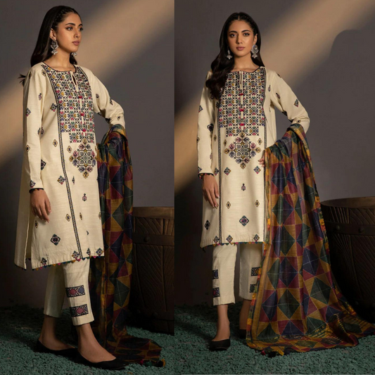 ZN584-WINTER 3PC Khaddar Embroidered Suit with Printed Wool Shawll