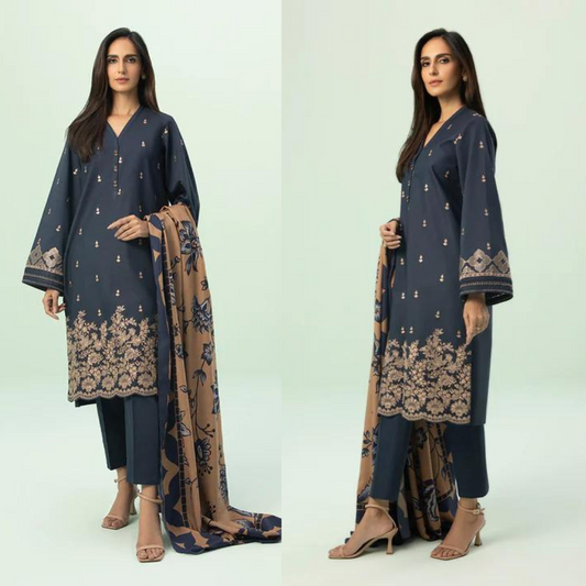 ZN588-WINTER 3PC Dhannak Embroidered suit with Printed Shawll
