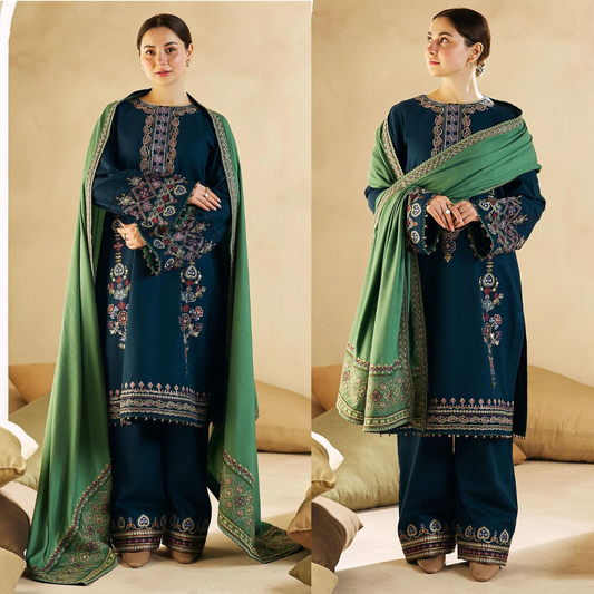 ZN590-Winter 3-Pc Embroidered Dhanak Suit with Heavy Embroidered Dhanak Shawll