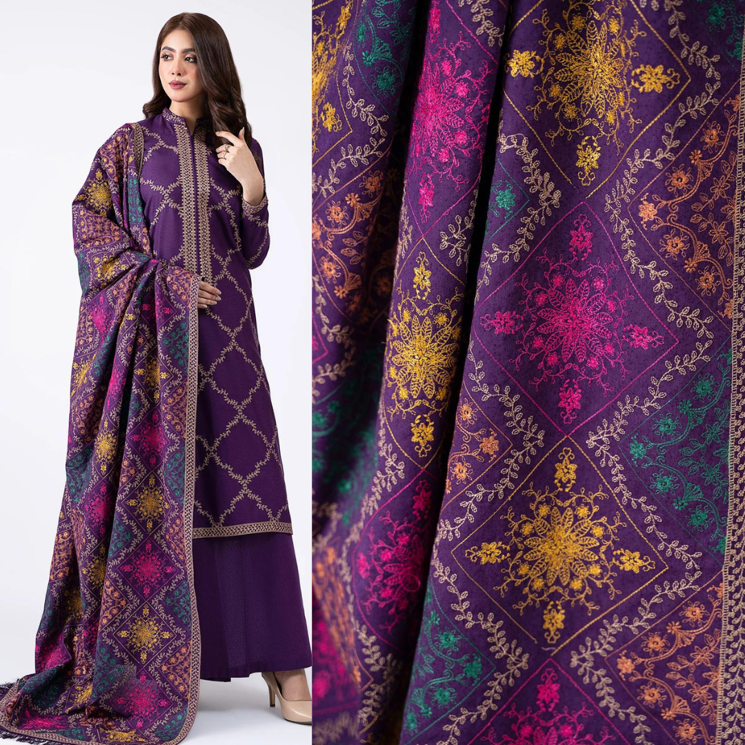 ZN603-WINTER 3-Pc Embroidered Dhanak Suit with Heavy Embroidered Dhanak Shawll