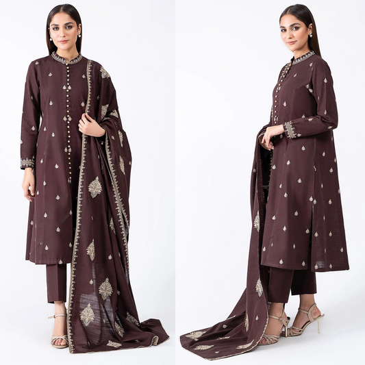 ZN604-WINTER 3-Pc Embroidered Dhanak Suit with Heavy Embroidered Dhanak Shawll