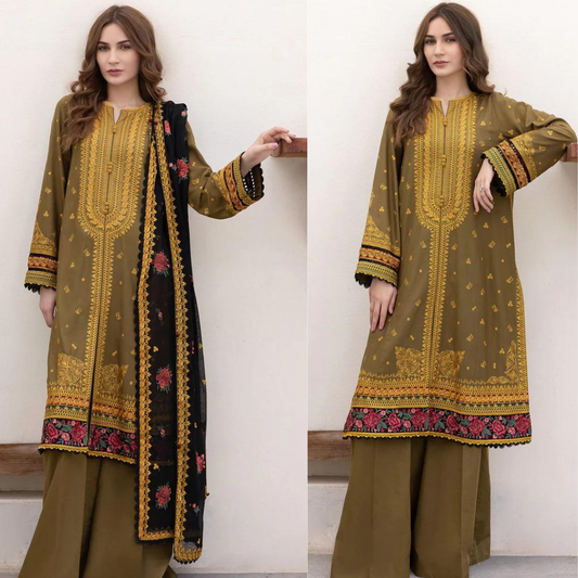 ZN605-WINTER 3-Pc Embroidered Dhanak Suit with Heavy Embroidered Dhanak Shawll