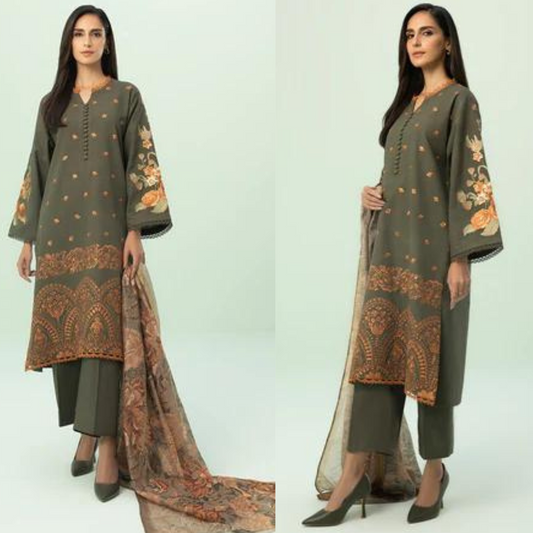 ZN608-WINTER 3PC Dhannak Embroidered suit with Printed Shawll