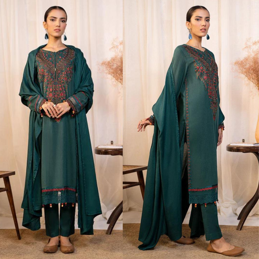 ZN606-WINTER 3PC Embroidered Dhanak suit with Dhannak Shawll