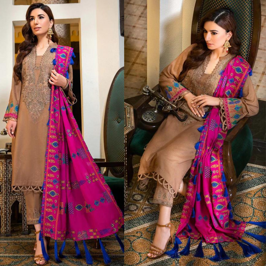 ZN621-WINTER 3PC Dhannak Embroidered suit with Printed Shawll