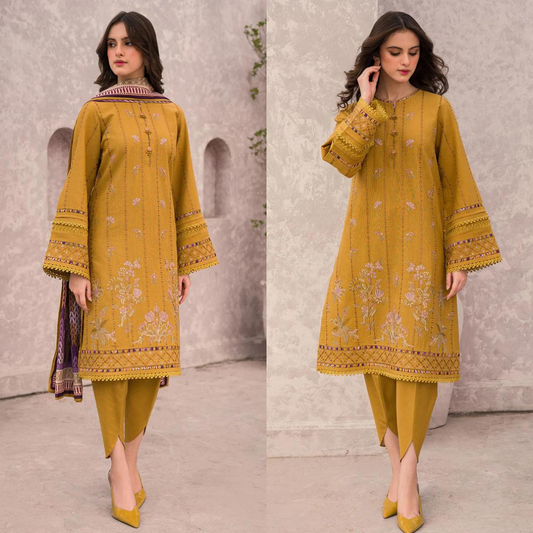 ZN618-WINTER 3PC Dhannak Embroidered suit with Printed Shawll