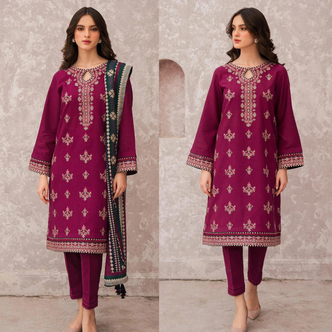 ZN619-WINTER 3PC Dhannak Embroidered suit with Printed Shawll